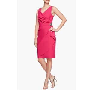 Alex Evenings Side Ruched Cocktail Dress Fuschia Sz. 6 NWT Embellished Faux Wrap